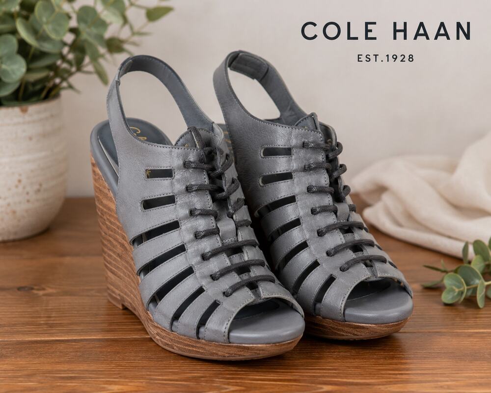 Cole Haan Nike Air Gray Leather Lace Up Wedge Sandals Women's 9.5B